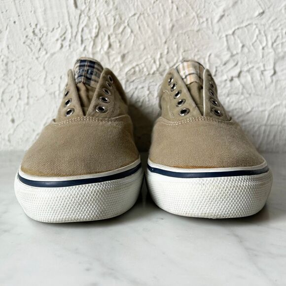 Sperry Top-Sider Tan Canvas Laceless Slip-On Sneakers Plaid Trim Men's 9.5 - Picture 4 of 7